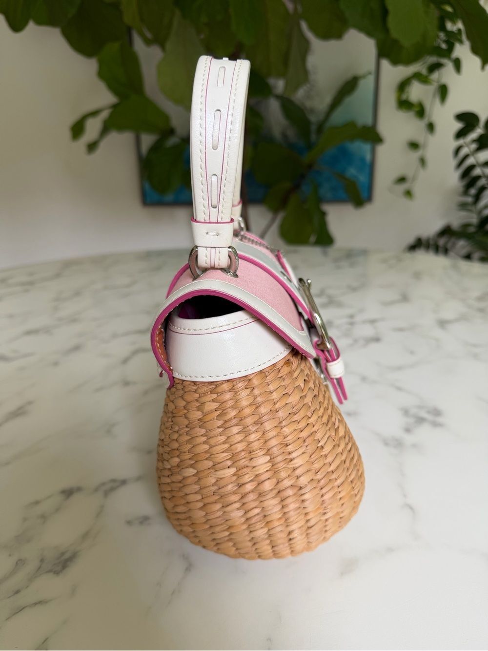 Coach Vintage Y2K Soho Straw Top Handle Basket Satchel Bag 6272 Pink White - Picture 3 of 16